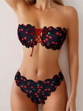 New Cherry Pattern Scalloped Edge Bikini